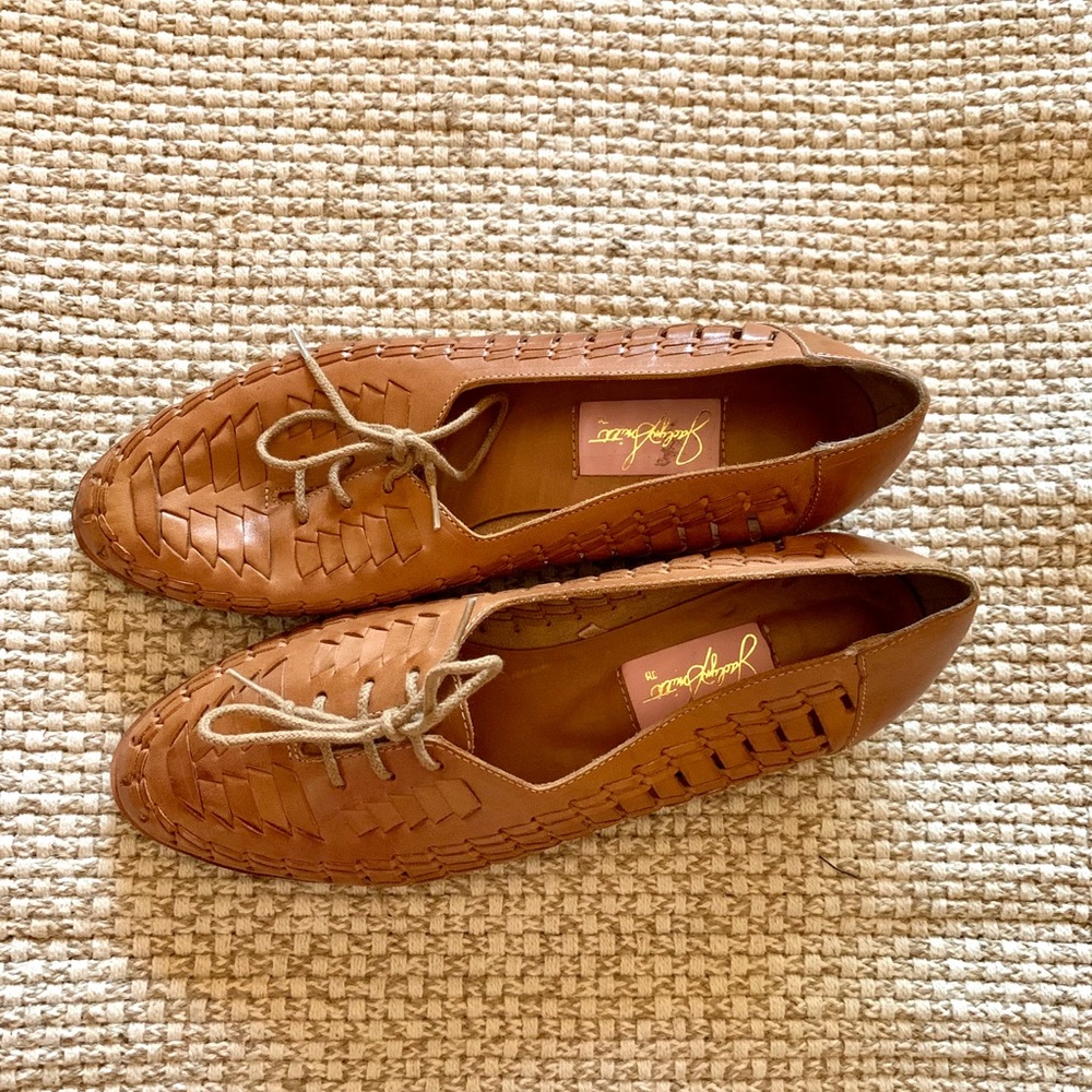 Woven leather lace up wedges camel brown 8.5/8